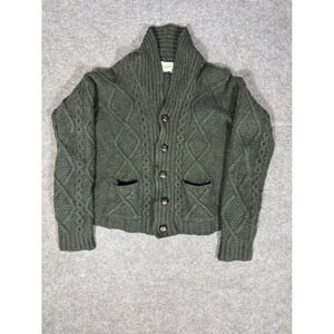 Original Aran Co Green Merino Wool Cable Knit Shawl Collar Cardigan Sweater XL